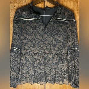 Elie Tahari Black/Gold Metallic Lace Long Sleeve Ruffled Peplum Top Blouse sz XS